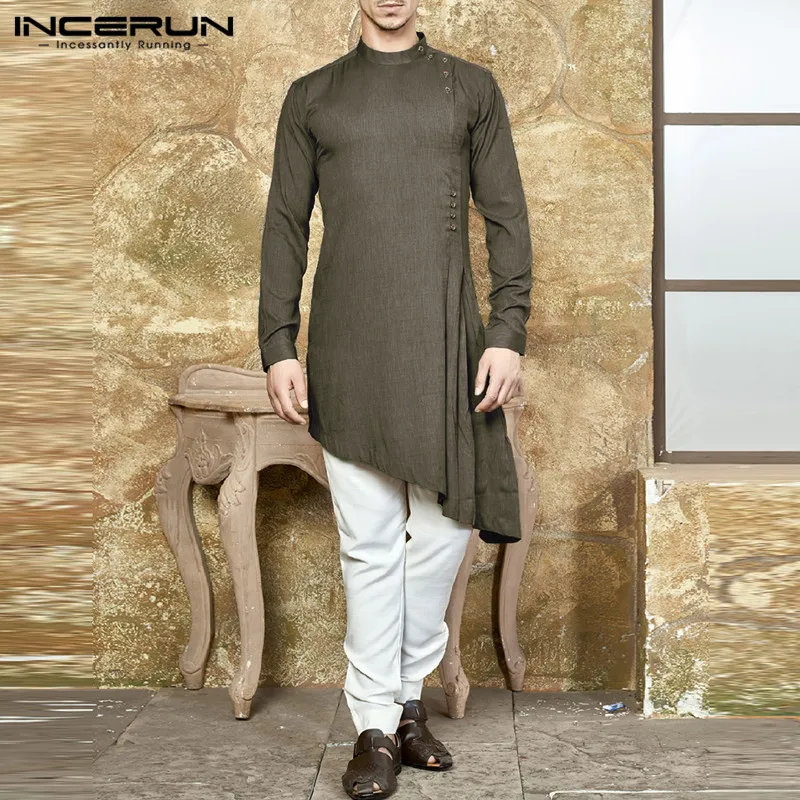 INCERUN, стильные мужские рубашки, индийская одежда, рубашки с длинным рукавом, мусульманская Мужская одежда, одноцветная Асимметричная рубашка