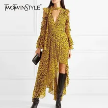 TWOTWINSTYLE Leopard Off Shoulder Flare Sleeve Asymmetric Hem Backless Ruffles Dress