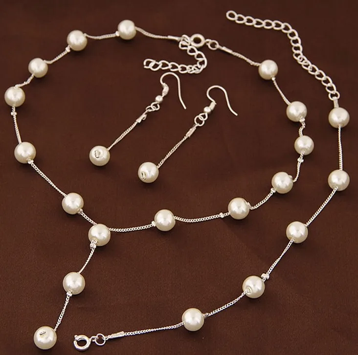 Модный набор украшений для женщин и девушек из искусственного жемчуга, Свадебный комплект из ожерелья и сережек и браслетов, вечерние ювелирные изделия