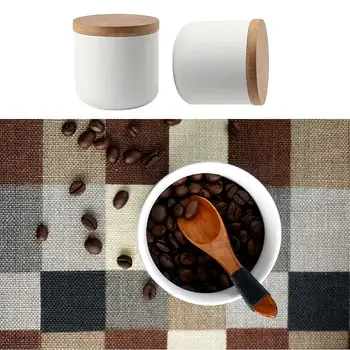 

Kitchen Ceramic Sealed Can Solid Color Textured Coffee Pot Wooden Lid Tea Bottle Food Storage Desktop Decoration