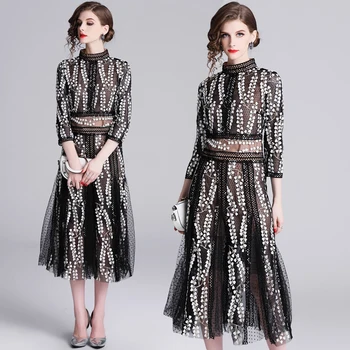 

Runway Dress 2019 Women Long sleeve stripe see through Lace Sashes Dress strip party elegant black sheer
