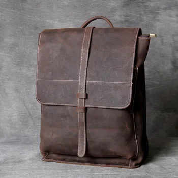 

2019 new Handmade men crazy horse leather shoulder bag leather large capacity backpack simple casual men Laptop bag wave