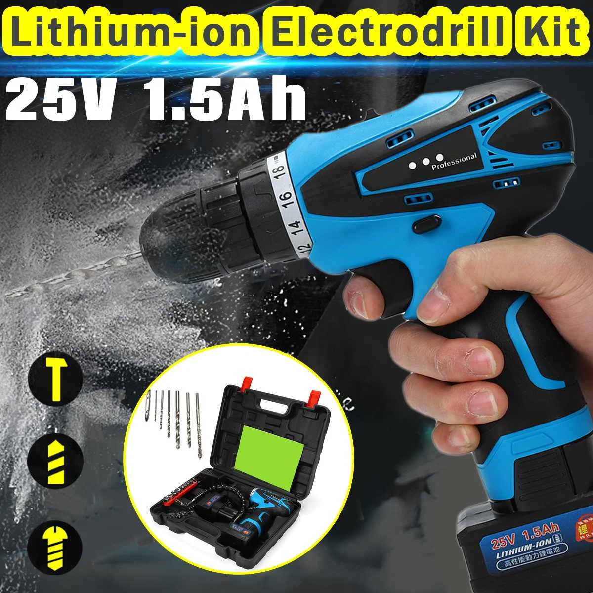 

12V/25V Cordless Electric Drill Electric Screwdriver LED Light Rechargeable Electrodrill Power Tools w/Two Lithium-ion Batteries