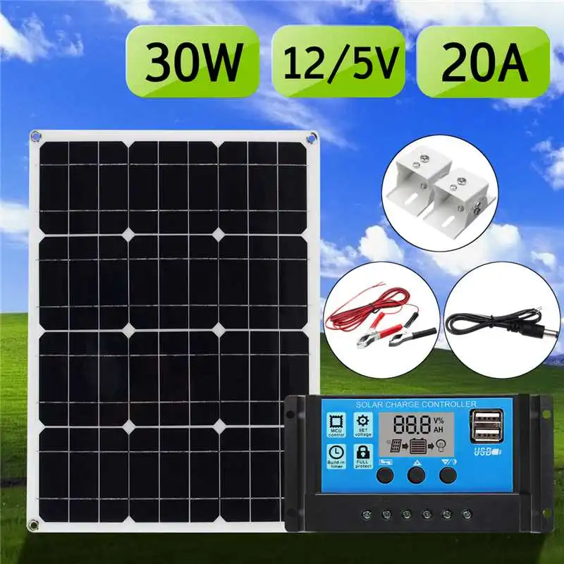 

Best Price 5in1 30W 12V/5V DC USB Solar Panel Kit 20A PWM Multifunction Solar Charger Controller 30cm DC Male Cable