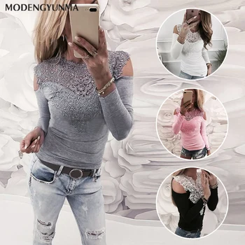 

New Sweet Lace T-Shirt Women Off The Shoulder Pink Slim Fit Tees Ladies O-Neck Autumn Casual Elegant Tops T-Shirts Women Clothes