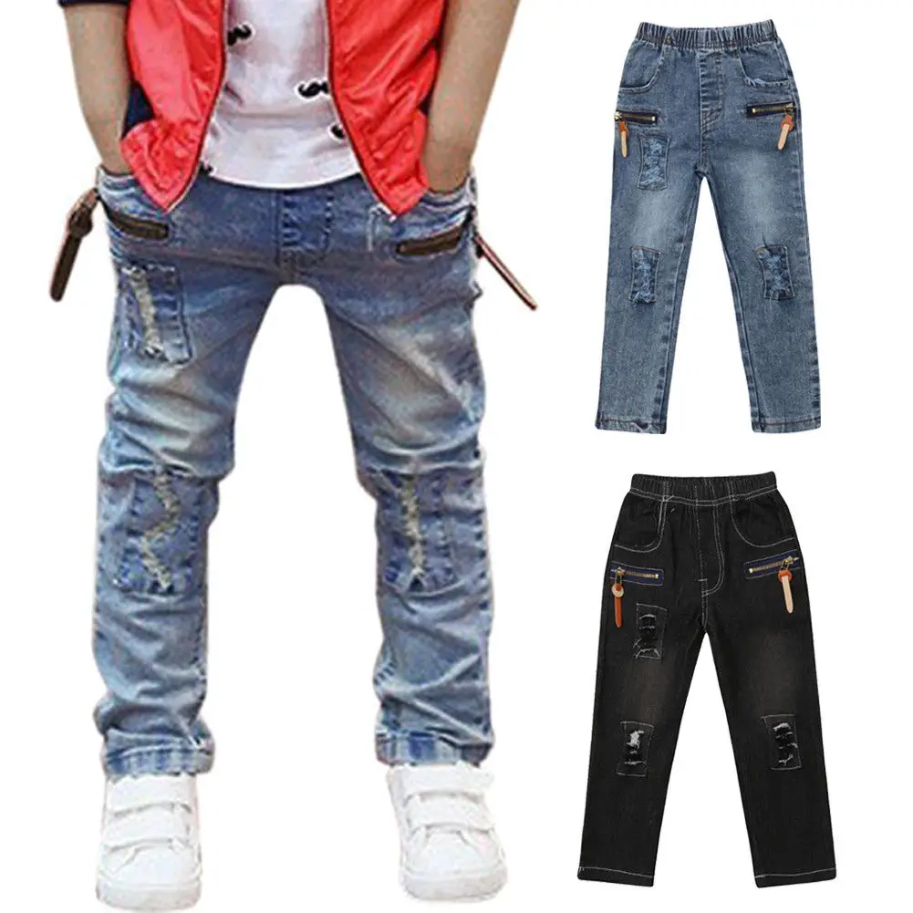 

2018 Newly Autumn Infant Kids Baby Boys Jeans Pants Hole Elastic Waist Slim Solid Denim Pants Outfit 2-7Y