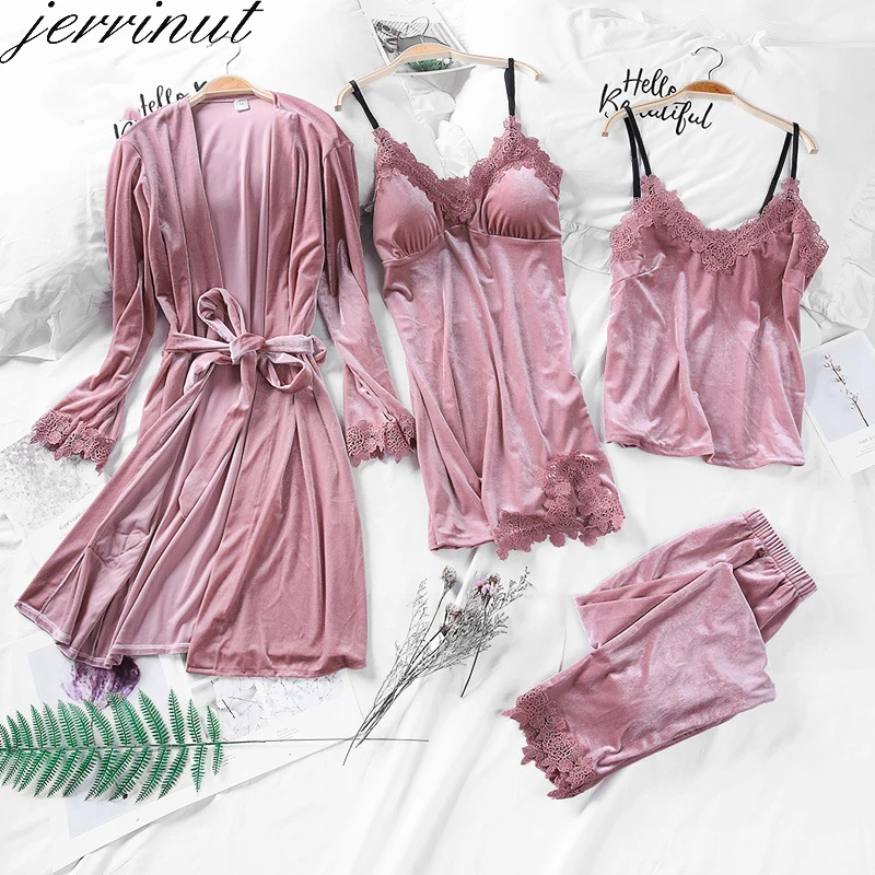 Jerrinut 4PCS Gold Velvet Pyjamas Set Women Nightdress Sleepwear Sexy Lace Pajamas Sleepwear Long Sleeve Nightgown Home Suit