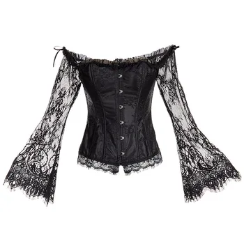 

Adult Lady Black Gothic Lolita Corset Costume Victorian Court Vintage Lace Sleeve Waist Cinchers Corset Cosplay Fancy Party