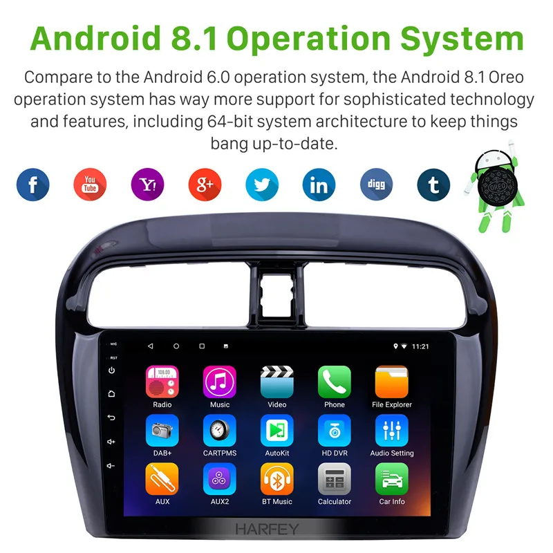 Top Harfey 9"Android 8.1 for 2012-2016 Mitsubishi Mirage Car Radio GPS Navi with HD Touchscreen Bluetooth USB WIFI FM SWC DVR OBD 1