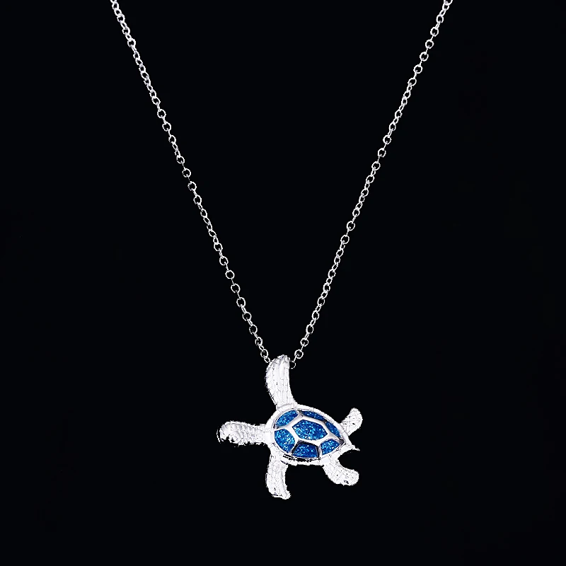 Silver Filled Necklace Blue Imitati Opal Sea Turtle Pendant Fashion Animal Wedding Ocean Beach Jewelry Gift For Women Statement | Украшения