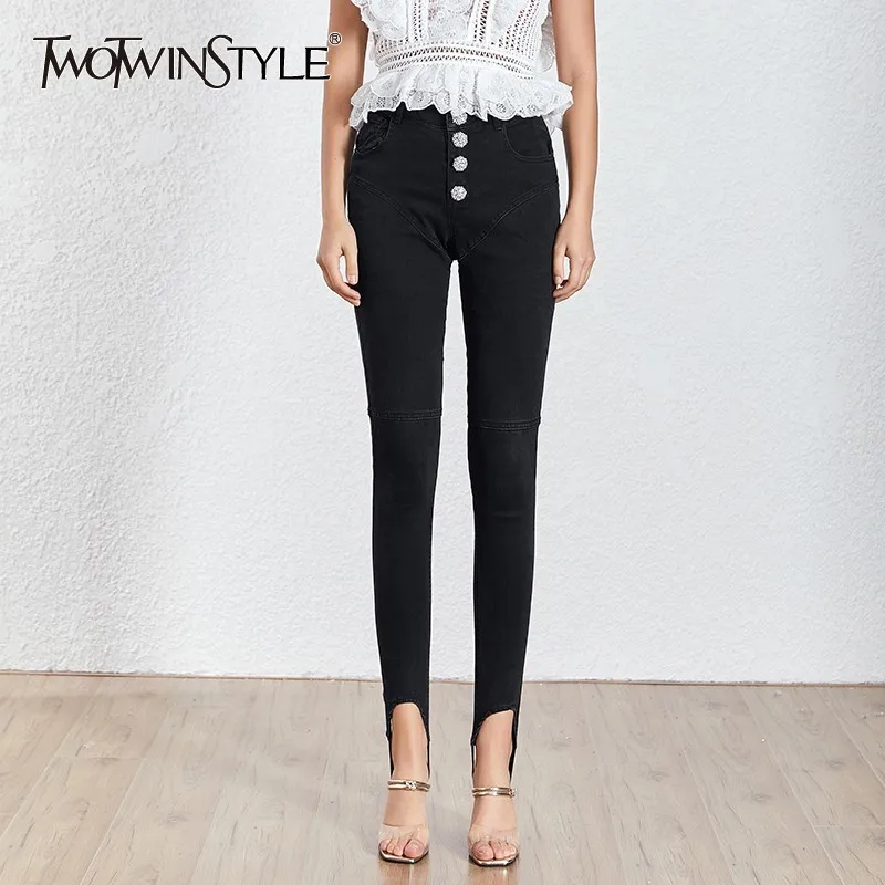 

TWOTWINSTYLE Denim Trousers For Women High Waist Diamonds Buttons Patchwork Long Jeans Female Spring 2019 Fashion Korean Tide