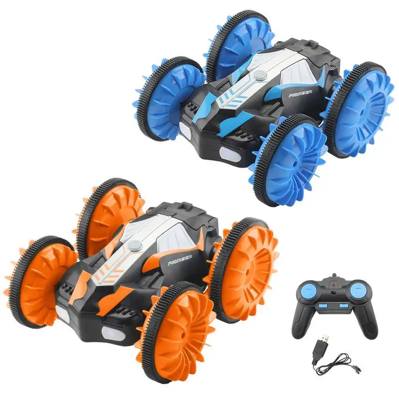 

2019 NEW Four Wheel Drive Amphibious Vehicle Remote Control Stunt Car 2.4G Waterproof Double Sided Tank Toy Car Blue Orange