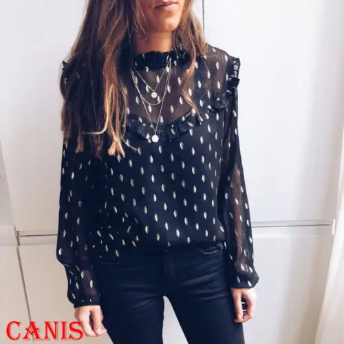Tanie Hot 2019 New Arrival lato kobiety szyfonowa bluzka z długim rękawem Casual seksi koszulka sweter luźne góra