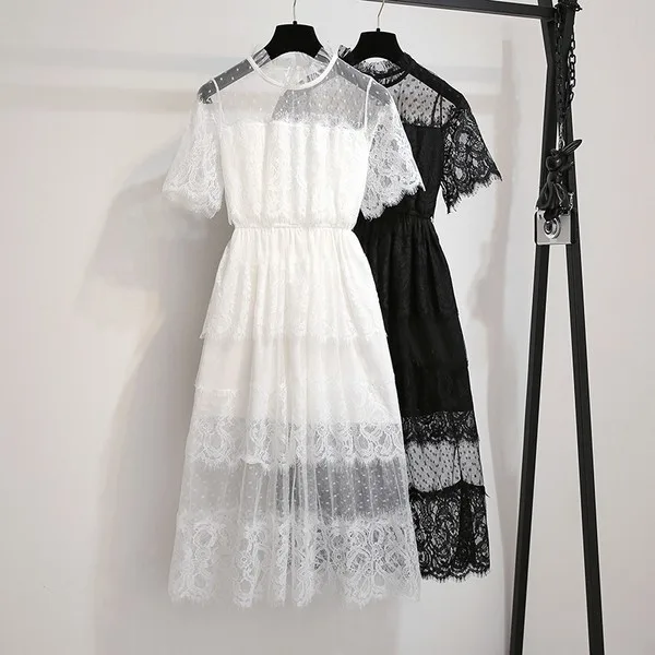 

New Arrival Women Sweet Short Sleeve Lace Embroidery Midi Dress Summer 2019 Ladies Elegant Casual Elastic Waist Cake Dresses