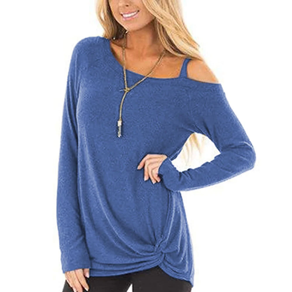 

Wipalo Women Fashion Plus Size Twist Detail One Shoulder Long Sleeve T-Shirt Skew Collar Casual Solid Tunic Tee Ladies Top 5XL