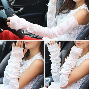 

Lace Bow Pearl Long Fingerless sleeves sun gloves arm Breathable Sunscreen Driving Arm Sleeve Ladies lace arm warmers