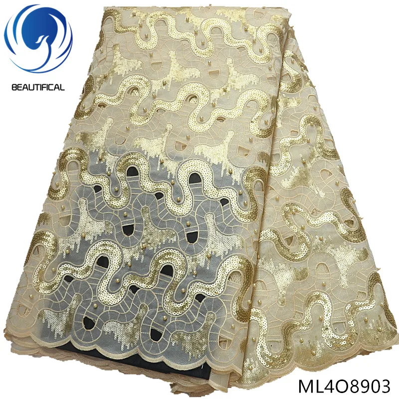 BEAUTIFICAL embroidered organza lace gold sequin fabric with beads african materials 5yards/lot on sales ML4O89 | Дом и сад