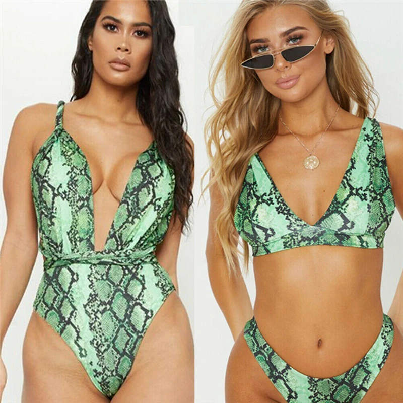 

Women High Waist Push-up Padded Bra Swimwear Bandage One Piece Monokini Green Snake Print Bikini Set Swimsuit Bathing Biquini