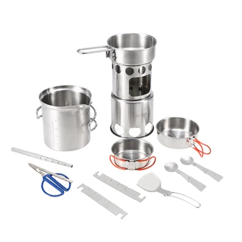 

10Pcs Camping Cookware Mess Kit Portable Stainless Steel Folding Wood Stove Pot Pan Set Bowls Spoon Spork Tableware Cooking Set
