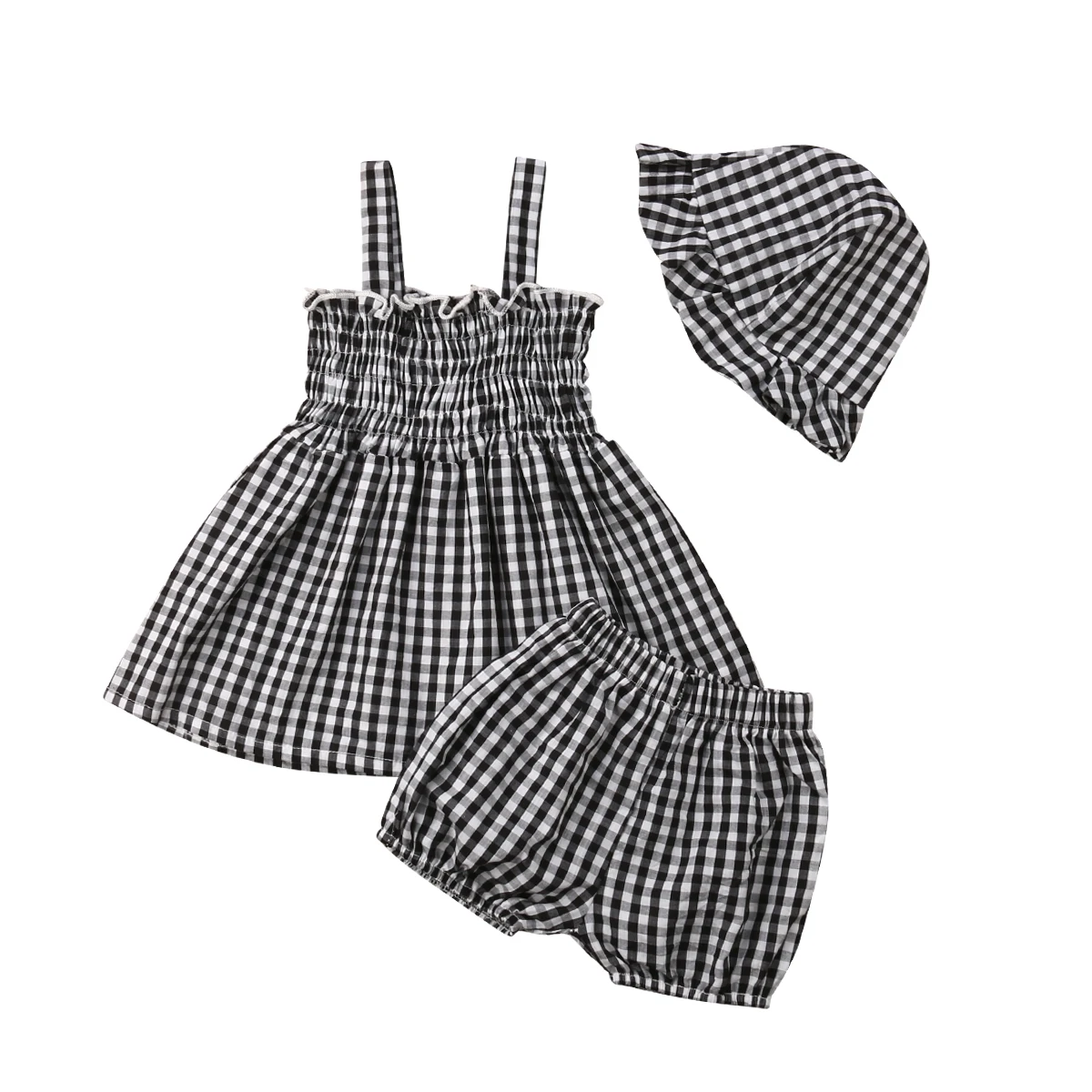 0 24M 3pcs Baby Girl Plaids Summer Outfit Suspender Skirt Tops+Shorts