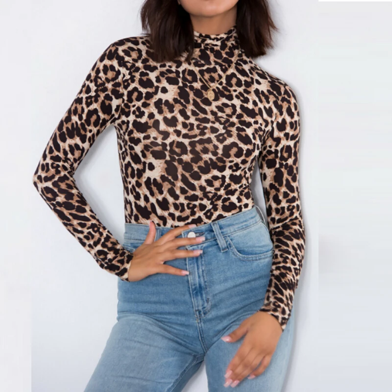 Snake Skin Grain Print High Neck Bodysuit Women Long Sleeve Leopard ...