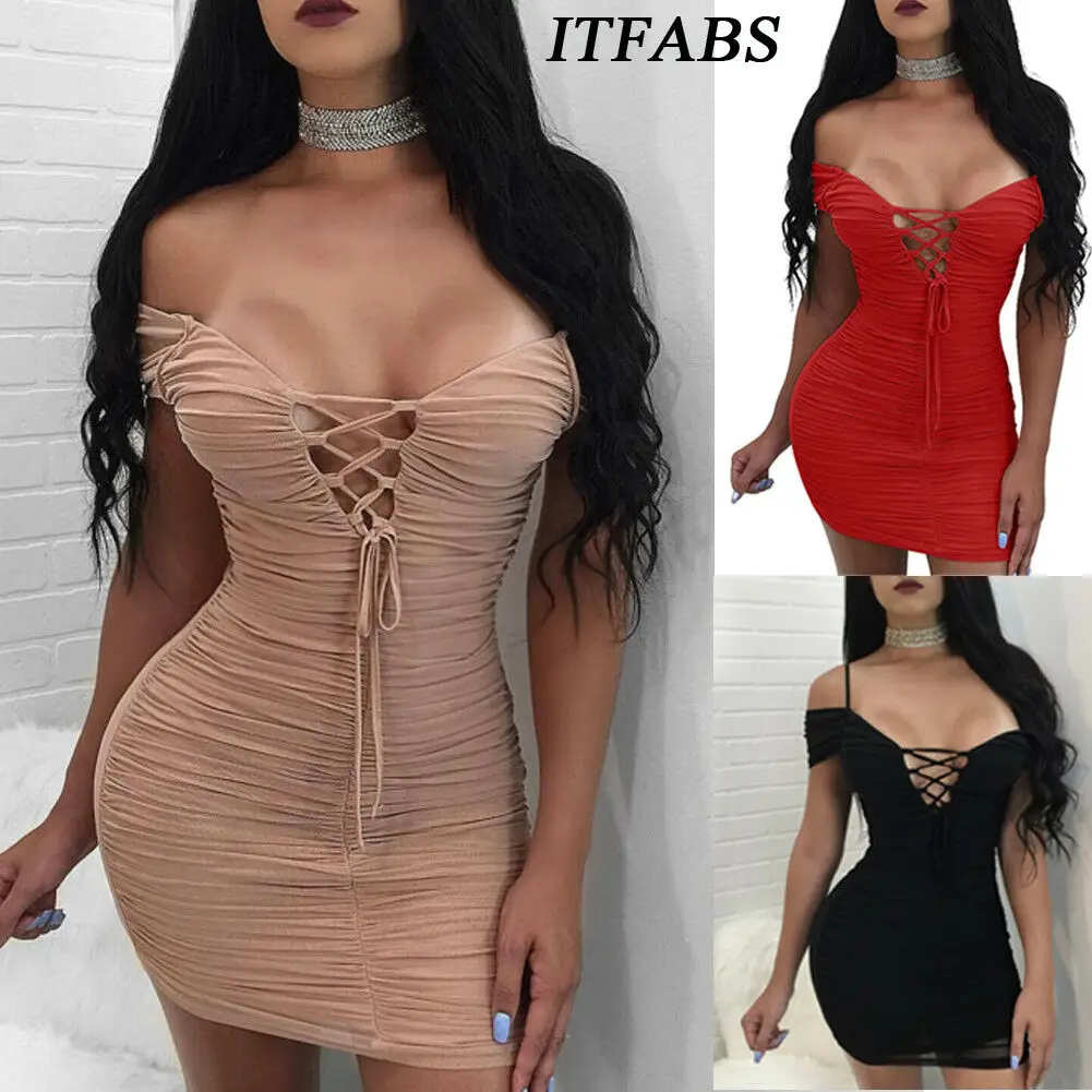 

Hot Summer Women Sexy V-neck Solid Bodycon Strap Dress Casual Mini Sundress Bandage Slim Fashion Dress