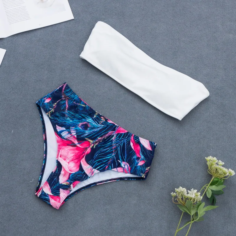

2019 New Summer Women Swimwear Bikini Bandeau Swimsuit Flower Print Push Up Two Pieces Middle Waist Bathing Suit Maillot De Bain