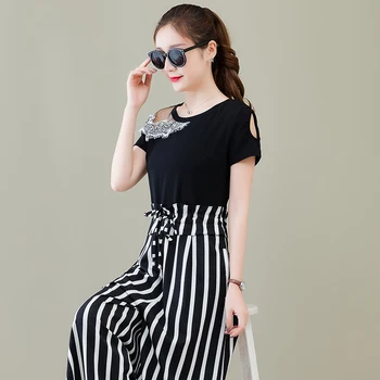 

Wide-Legged Pants Jumpsuits Suit New 2019 Summer Dew Shoulder Stripes Chiffon Jumpsuit Patchwork Clothes O Neck Casual Vestidos