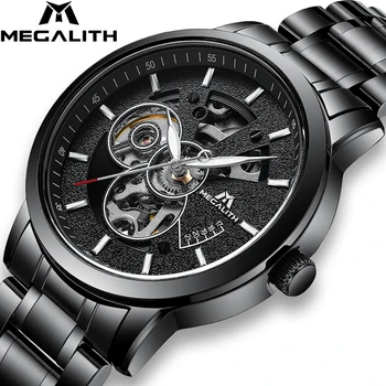 

MEGALITH Fashion Mens Watches Skeleton Waterproof Black Full Steel Automatic Mechanical Watch Male Sport Clock Relojes Masculino