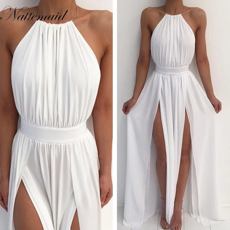 

NATTEMAID Women Off Shoulder Chiffon White Dress Summer Red Beach Boho Maxi Long Dress Elegant Bridesmaid Split Party Dresses
