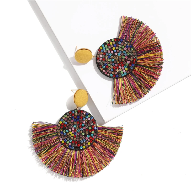 Bohemian luxury fan-shaped earrings 2019 exaggerated large geometric tassel pendant dangler handmade crystal woman's earrings