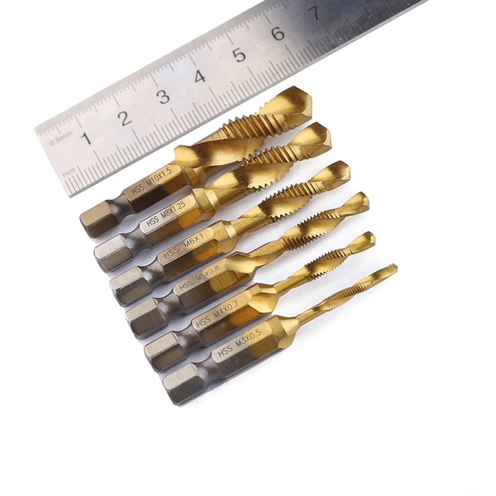 

6Pcs 1/4" HSS Hex Shank Metric Thread Titanium Coated HSS Drill and Tap Bits M3 to M10