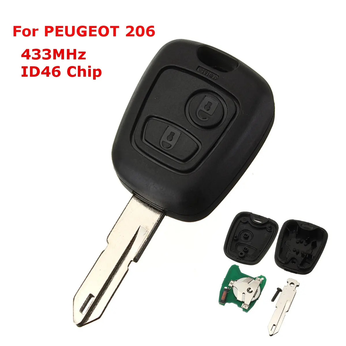 

433MHz 2 Button Replacement Remote Control Key Fob Blade With ID46 Chip For PEUGEOT 206