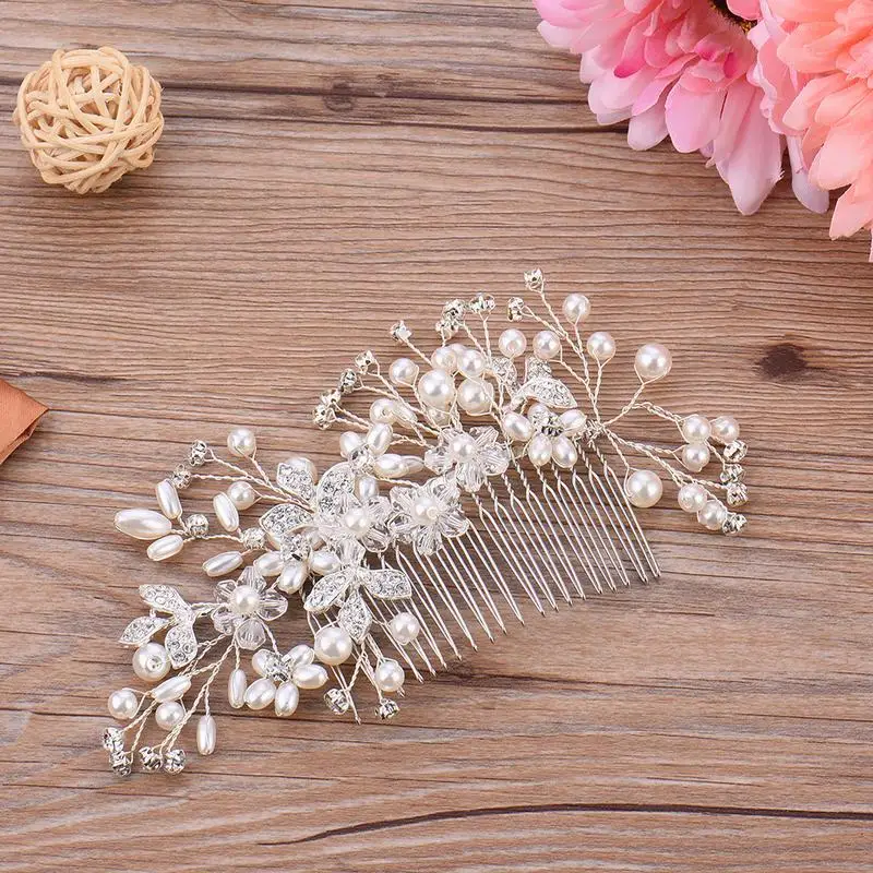 

MISS M Bride Pearl Hair Comb Accessories Silver Alloy Rhinestone Leaf Disc Hair Decoration for Wedding Party Decor Supplies
