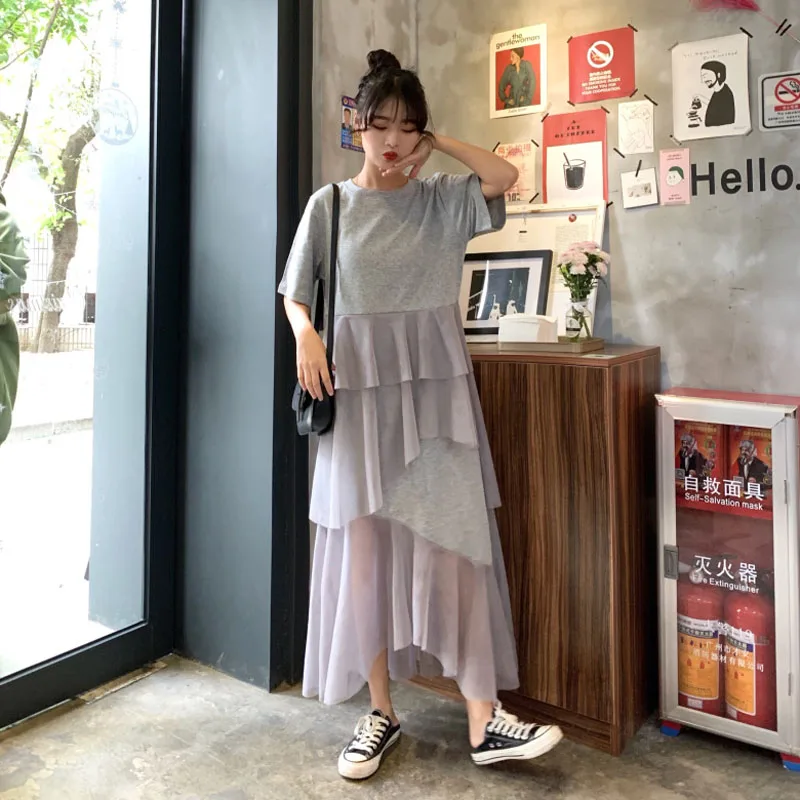 

2019 New summer women's mesh dress stitching short-sleeved loose girl long dress cake street college wind Plus size