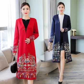 

9212 Real Shot Spring And Autumn Coat New Style Ethnic Vintage Embroidered Chinese-Style Long Dignified Atmosphere over-the-Knee