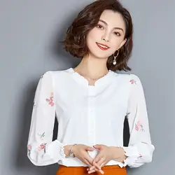 Новая мода демисезонный трепал воротник Тонкая блузка для женщин Вышивка Цветы Тонкий рубашки для мальчиков
