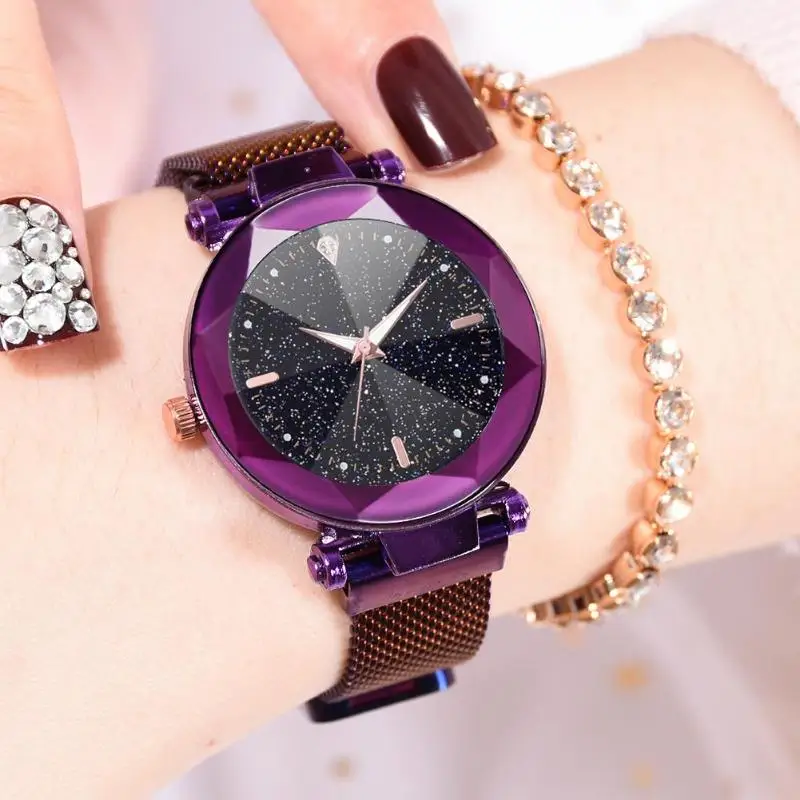 

New Women Mesh Magnet Buckle Starry Sky Watch Casual Luxury Women Geometric Surface Quartz Watches Relogio Feminino