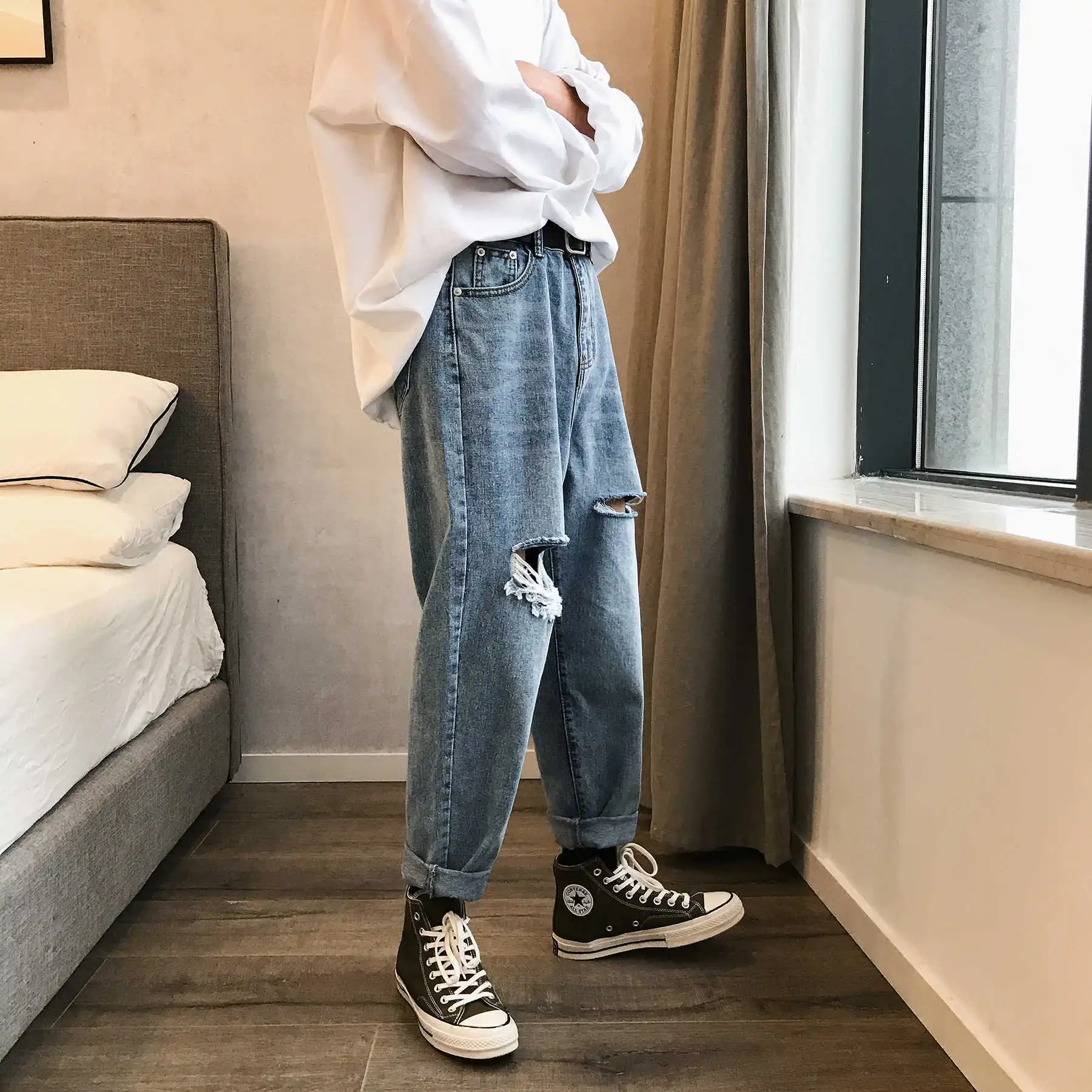 

2019 Men's Baggy Homme Hole Jeans Blue Color Casual Haren Pants Loose Fashion Trend High-quality Trousers Plus Size M-2XL