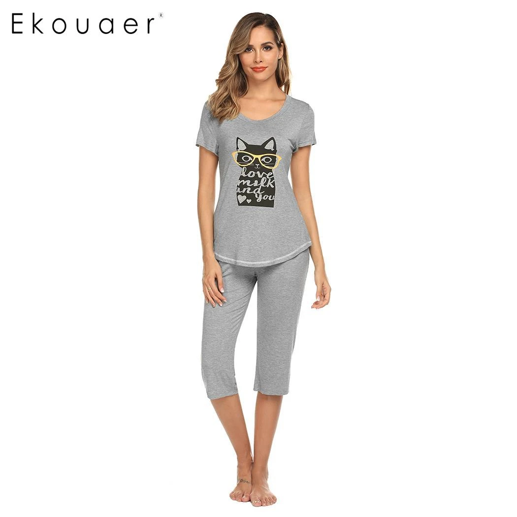 Ekouaer, conjunto pijama para mujer, Conjunto de pijama de manga corta con cuello redondo, estampado, medio pantalón, ropa de dormir de verano, traje para mujer, ropa de hogar|Sets pijamas| -
