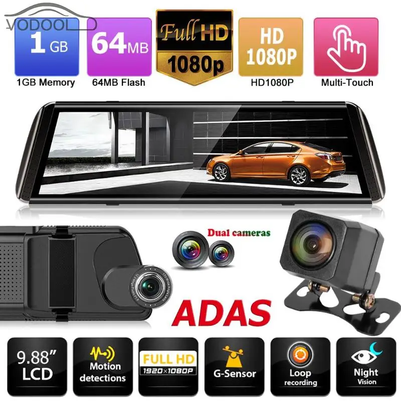 

9.88 Inch Touch Screen DVR Car Rearview Camera Mirror 1080p+1080p WDR ADAS G-sensor Recording Dash Cam Camera Driving Recorder