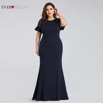 

Plus Size Evening Dresses Long 2020 Navy Blue Lace Sleeve Mermaid Wedding Guest Gowns Ever Pretty EZ07768 Elegant Evening Gowns