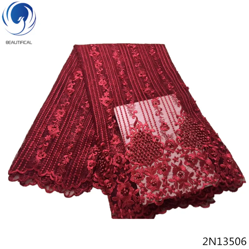 

Beautifical cheap lace fabric newest lace fabric red lace fabric embroidered dress with beads 2018 promtion sales 5 yards 2N135