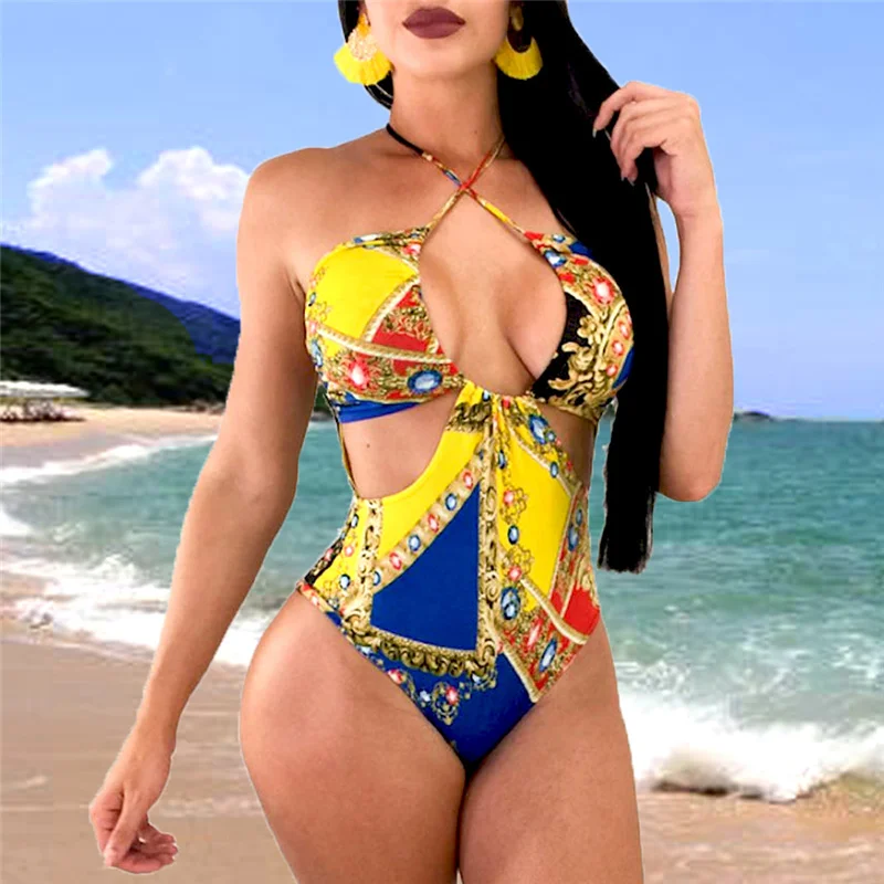 

S-XL Plus Size Swimwear African Style Swimsuit One Piece Push Up Padded Hollow Swimsuits 2019 Sexy Swim Suits Women Monokini