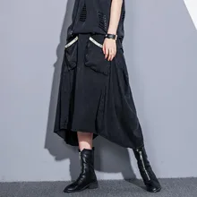 Новинка, весенне-летняя джинсовая юбка средней длины с завышенной эластичной талией, с черным карманом и асимметричным подолом, женская мода