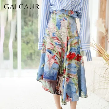 

GALCAUR Floral Print Skirts For Women High Waist Asymmetrical Female Skirt Vintage Fashion Large Size 2020 Spring New