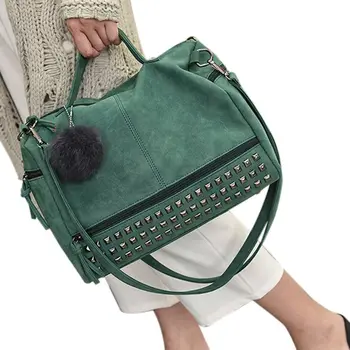 

Vintage PU leather Ladies Handbags Rivet Larger Women Bags Hair Ball Shoulder Bag Motorcycle Messenger Bag Top-Handle Bag
