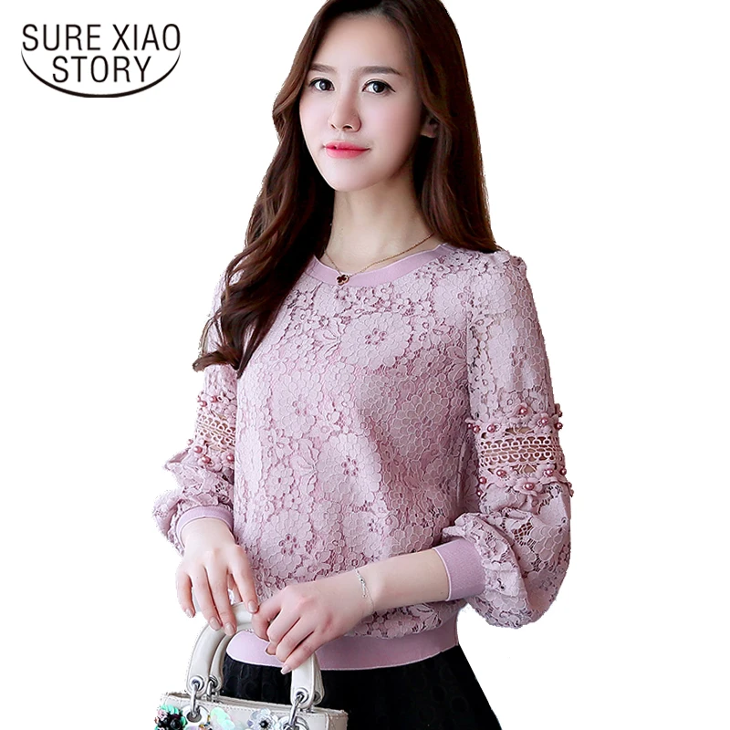 2017 Autumn new fashion casual women lace bottoming shirt round neck loose long-sleeved lace women blouse top blosas 668C 30