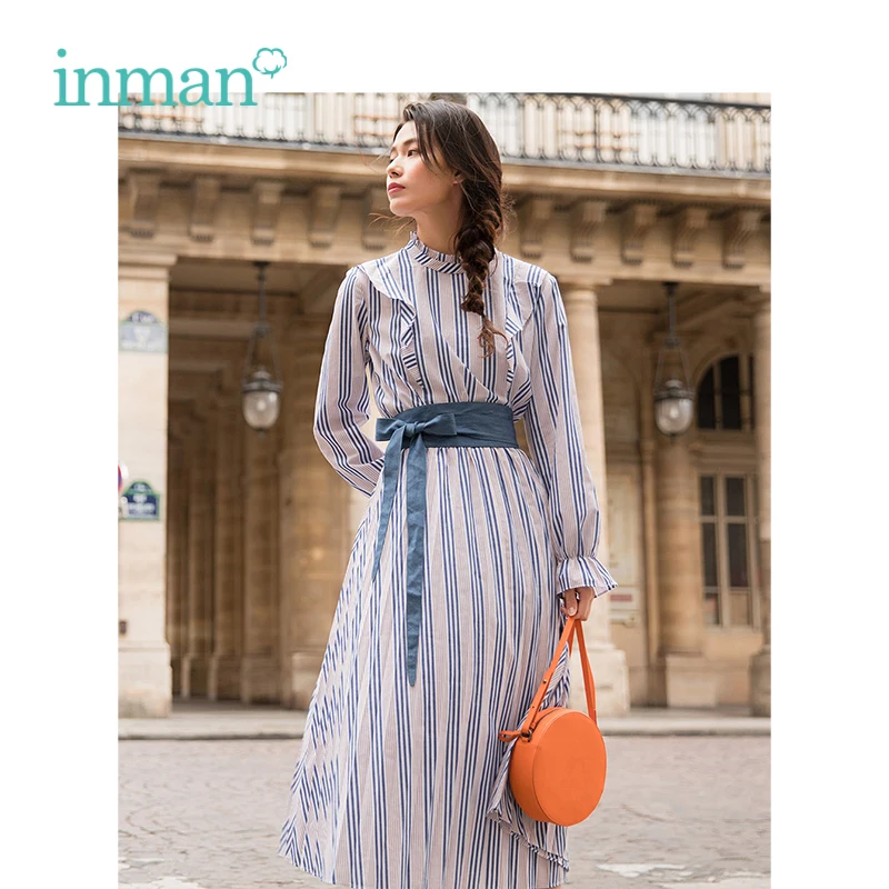 

INMAN 2019 Spring New Arrival Stand up Collar Retro Striped With Belt Slim Loose A-line Women Dress