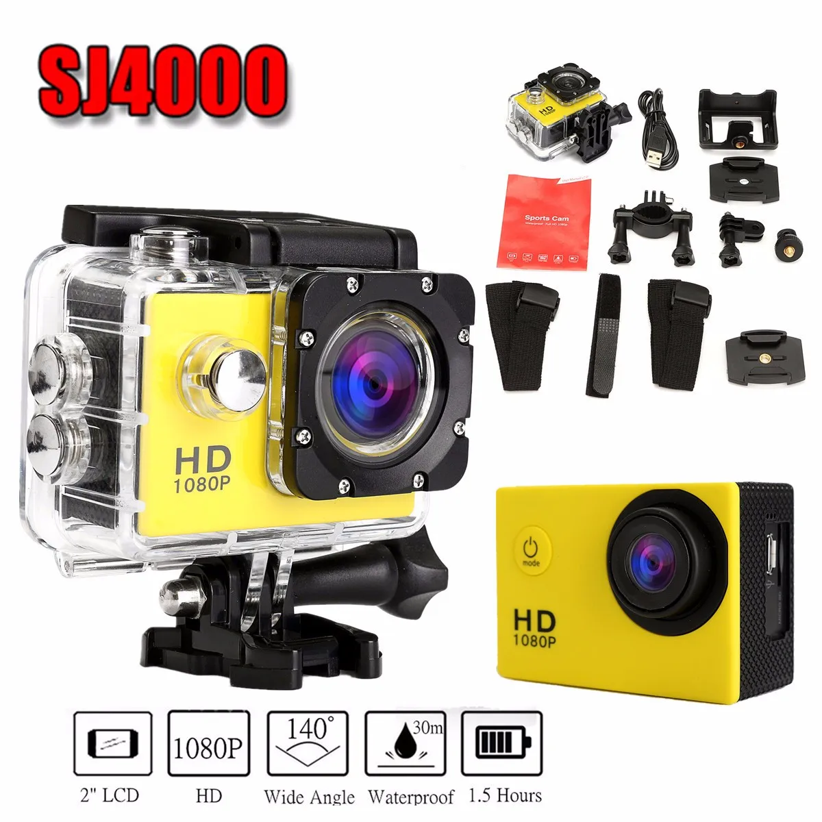 

A7 SJ4000 2.0'' LCD HD 30M Waterproof 140 Degree Action Sports Camera Multi-Language Removable Battery Yellow/Silver/Black